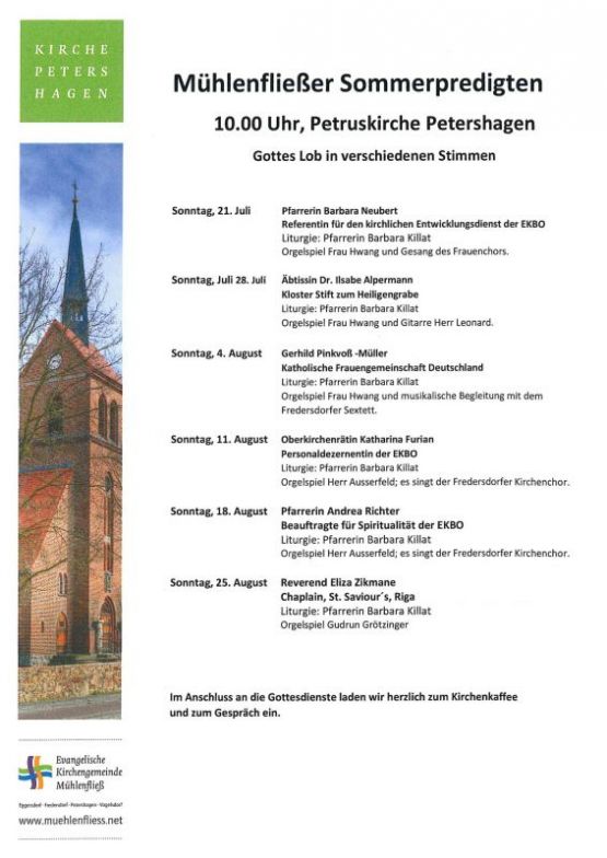 Mühlenfließer Sommerpredigten in der Petruskirche Petershagen – immer sonntags um 11 Uhr bis zum 25. August 2023