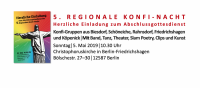 Herzliche Einladung zum Abschlussgottesdienst der 5. Regionalen Konfi-Nacht am 5. Mai 2019 in der Christophoruskirche Berlin-Friedrichshagen. Plakat: Arbeitsstelle für Ev. Jugendarbeit im Kirchenkreis Lichtenberg-Oberspree/Friedrich Böhme