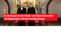 Auf Wiedersehen, Pfarrerin Annette Schwer! (V.l.n.r.:) Superintendent Hans-Georg Furian, Pfarrerin Annette Schwer, Rainer Noak für die Gemeindekirchenräte aus Nieder- und Oberschöneweide. Foto: Jürgen Bosenius / kklios.de