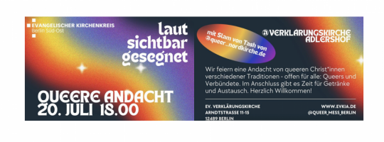 Queere Andacht am 20. Juli 2025 um 18 Uhr in der Verklärungskirche Adlershof