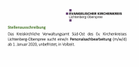 Das Kreiskirchliche Verwaltungsamt Süd-Ost des Ev. Kirchenkreises Lichtenberg-Oberspree sucht eine/n Personalsachbearbeitung (m/w/d) ab 1. Januar 2020, unbefristet, in Vollzeit.