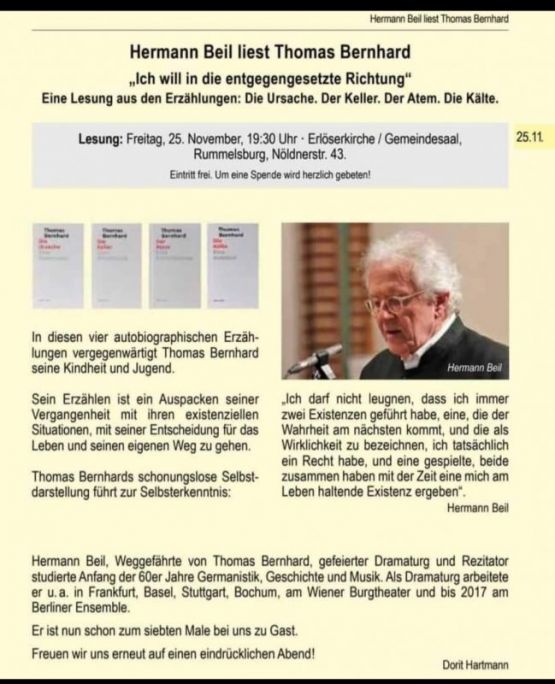 Hermann Beil liest Thomas Bernhard am Freitag, 25. November 2022, 19.30 Uhr im Gemeindesaal der Ev. Paul-Gerhardt-Kirchengemeinde Berlin-Lichtenberg