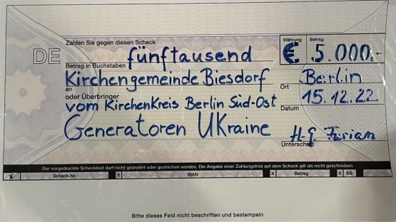Der Ev. Kirchenkreis Berlin Süd-Ost unterstützt mit 5.000 Euro die tolle Idee "50 Generatoren für die Ukraine" in der Ev. Versöhnungskirchengemeinde Berlin-Biesdorf. Foto: Ev. Versöhnungskirchengemeinde Berlin-Biesdorf