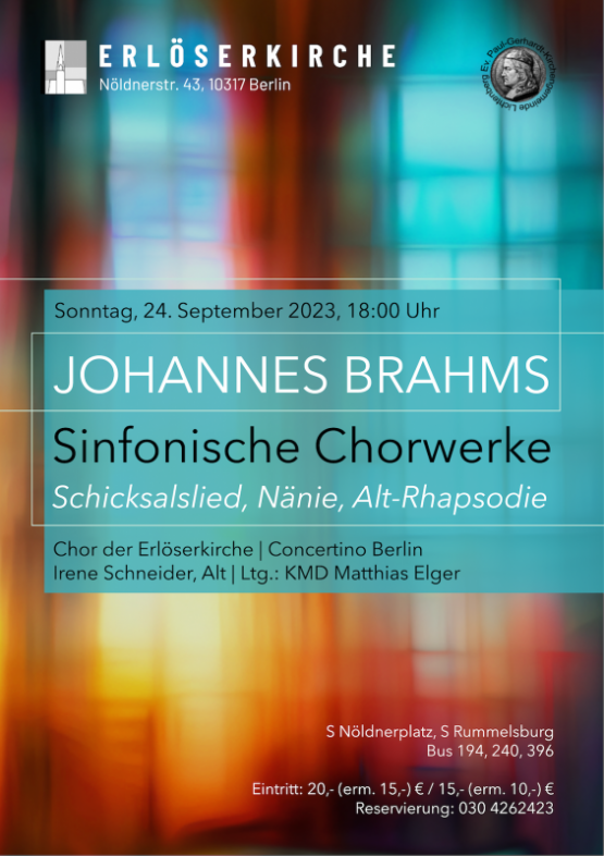 Johannes Brahms: ORATORISCHE CHORWERKE – 24. Sep. 2023, 18 Uhr, Erlöserkirche Lichtenberg