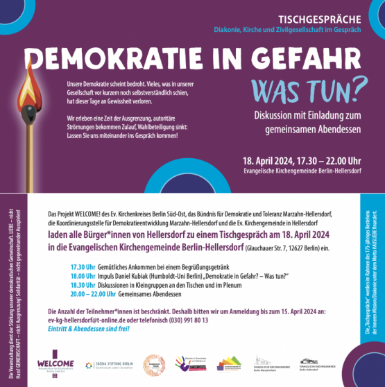 DEMOKRATIE IN GEFAHR – WAS TUN? Diskussion mit Einladung zum gemeinsamen Abendessen am 18. April 2024, 17.30 - 22.00 Uhr, in der Evangelischen Kirchengemeinde Berlin-Hellersdorf