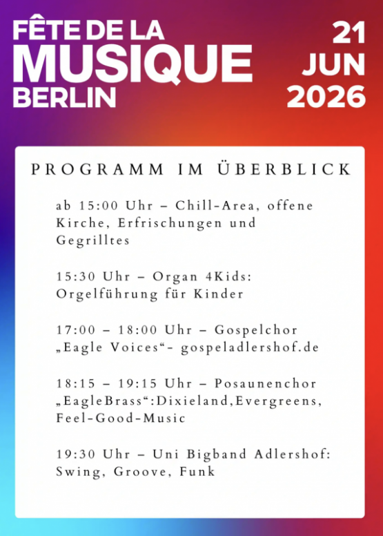 Fête de la Musique Berlin 2026 – alle Termine: "Eagle Voices" und "Eagle Brass" in Adlershof