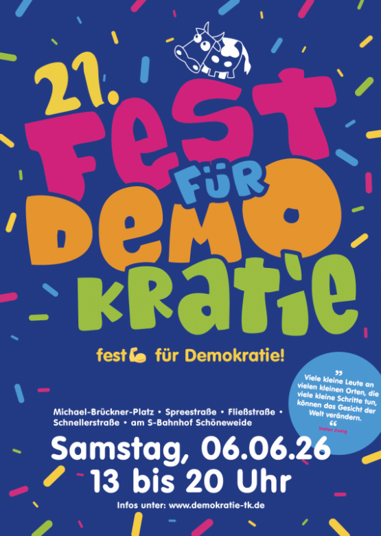 21. Fest für Demokratie am 6. Juni 2026 von 13 bis 20 Uhr in Treptow-Köpenick – Michael-Brückner-Platz, Spreestraße, Fließstraße, Schnellerstraße, am S-Bahnhof Schöneweide