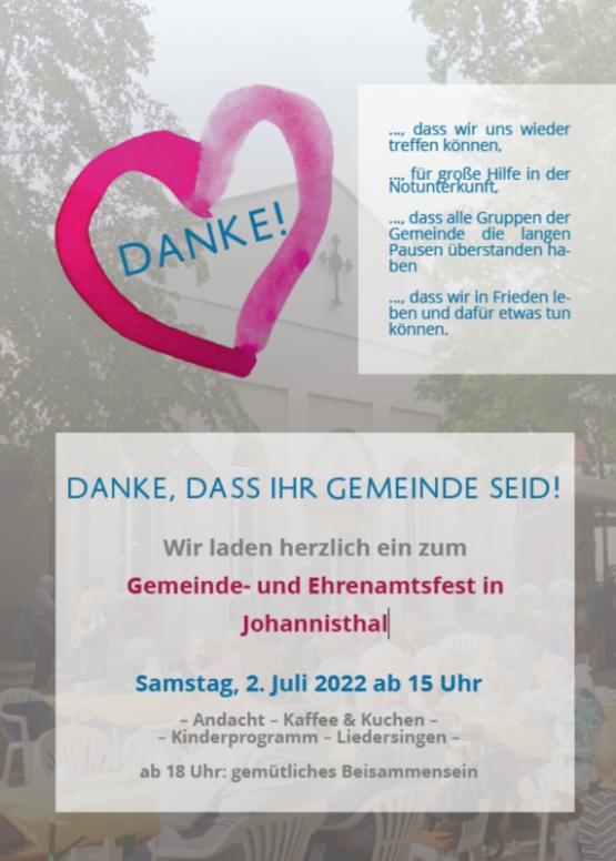 Gemeinde- und Ehrenamtsfest in Johannistal – Samstag, 2. Juli 2022, ab 15 Uhr