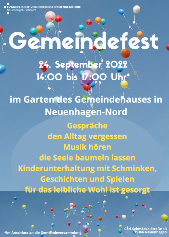 Evang. Verheißungskirchengemeinde Neuenhagen-Dahlwitz: Herzliche Einladung zum Gemeindefest – Samstag, 24. September 2022, 14 – 17 Uhr im Garten des Gemeindehauses Neuenhagen-Nord