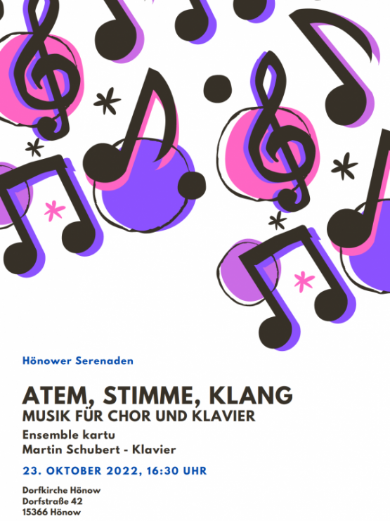 Hönower Serenade: Ensemble kartu – ATEM, STIMME, KLANG, Musik für Chor und Klavier – Sonntag, 23. Oktober 2023, 16.30 Uhr in der Dorfkirche Hönow
