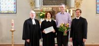 (V.l.n.r.:) Superintendent Hans-Georg Furian, Pfarrerin Steffi Jawer, Fairnessbeauftragter Prof. Timo Ulrichs und Dr. Patrick R. Schnabel, Landeskirchlicher Beauftragter für den Kirchlichen Entwicklungsdienst im Berliner Missionswerk. Foto: KKLIOS