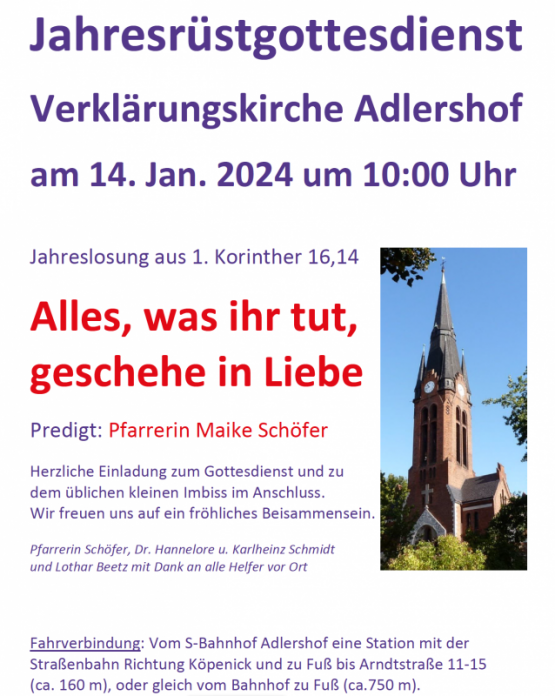 Jahresrüstgottesdienst in der Verklärungskirche Adlershof, Sonntag, 14. Januar 2024, 10 Uhr