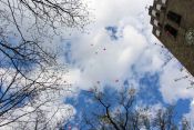 70 Jahre Dorfkita Marzahn: Viele Dutzend Wünsche steigen vor der Dorfkirche in Berlin Alt-Marzahn in die Luft. Foto: kklios