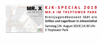 KJK-Special 2019 - Mr.X im Treptower Park. Der Kreisjugendkonvent lädt ein: Spielt Mr.X mit uns! Anschließend: Grillen und Lagerfeuer in Johannisthal.