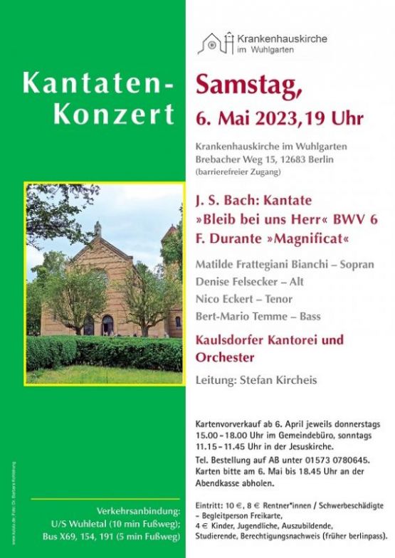 Krankenhauskirche im Wuhlgarten: Samstag, 6. Mai 2023, 19 Uhr – Kantatenkonzert mit der Kaulsdorfer Kantorei für Soli, Chor und Orchester