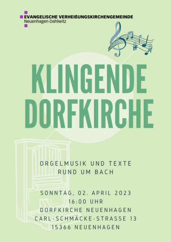 Am Sonntag, 2. April 2023, startet um 16 Uhr die Reihe der "Klingenden Dorfkirche" in Neuenhagen in ihre neue Saison. Orgelmusik und Texte rund um Johann Sebastian Bach stehen dabei auf dem Programm.
