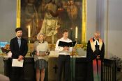 Fürbitten für die neue Kita: Dr. Daniel Mundil, Susanne Niedlich, Marco Föllen und Ralf Musold. „Arche Kunterbunt“: Ev. Stadtkirchengemeinde Köpenick feiert Einweihung der neuen Kita mit großem Gemeindefest. Foto: Jürgen Bosenius / kklios.de