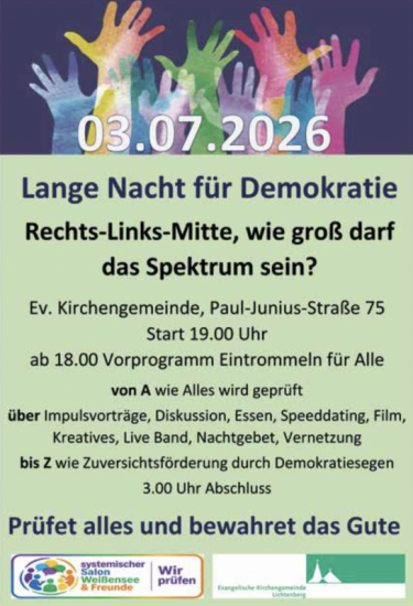 Evangelische Kirchengemeinde Lichtenberg: Lange Nacht für Demokratie am 3. Juni 2026 von 19 bis 3 Uhr! Paul-Junius-Straße 75