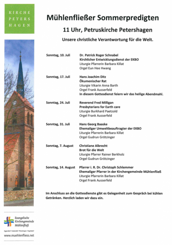 Mühlenfließer Sommerpredigten in der Petruskirche Petershagen – immer sonntags um 11 Uhr vom 10. Juli bis 14. August 2022
