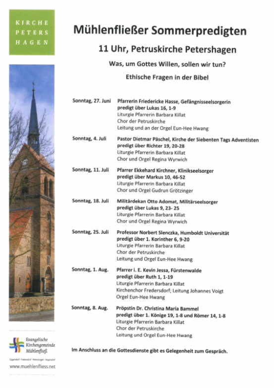 Mühlenfließer Sommerpredigten: 27. Juni bis 8. Aug. 2021 immer sonntags um 11 Uhr in der Petruskirche Petershagen