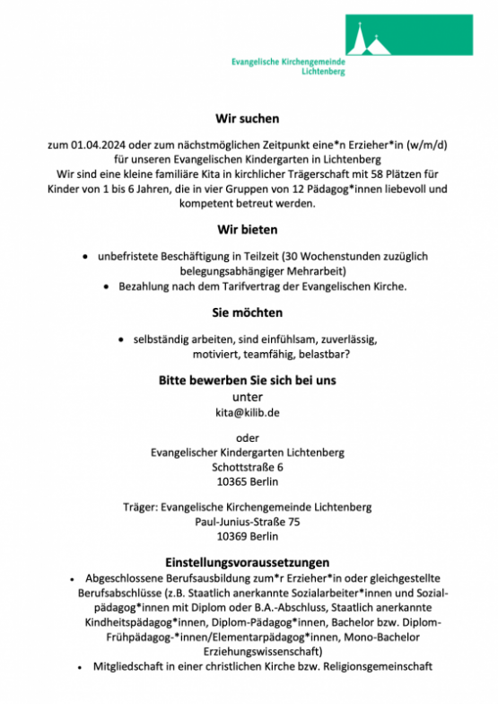 Stellenausschreibung: Ev. Kindergarten in Lichtenberg sucht eine*n Erzieher*in (w/m/d)