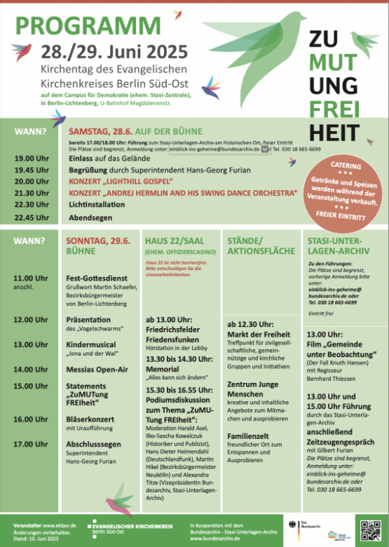 Der Ev. Kirchenkreis Berlin Süd-Ost lädt ein zum Kirchentag 2025 nach Berlin-Lichtenberg – am 28. und 29. Juni 2025 – auf dem "Campus für Demokratie"