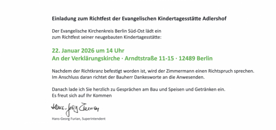 Einladung zum Richtfest der Evangelischen Kindertagesstätte Adlershof am 22. Januar 2026 um 14 Uhr