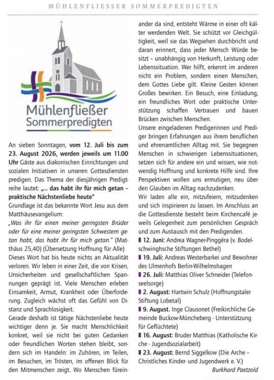 Mühlenfließer Sommerpredigten vom 12. Juli bis zum 23. August 2026 in der Petruskirche Petershagen