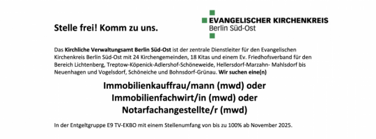 Stellenausschreibung des Kreiskirchlichen Verwaltungsamts Berlin Süd-Ost