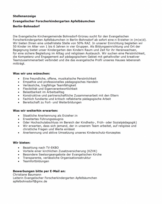 Ev. Forscherkindergarten Apfelbäumchen in Berlin-Bohnsdorf sucht ab sofort eine:n Erzieher:in (m|w|d), unbefristete Stelle von 50% RAZ