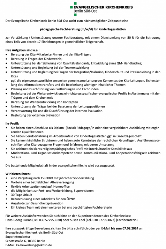 Der Evangelische Kirchenkreis Berlin Süd-Ost sucht eine pädagogische Fachberatung (m/w/d) für Kindertagesstätten im Umfang von 50 Prozent
