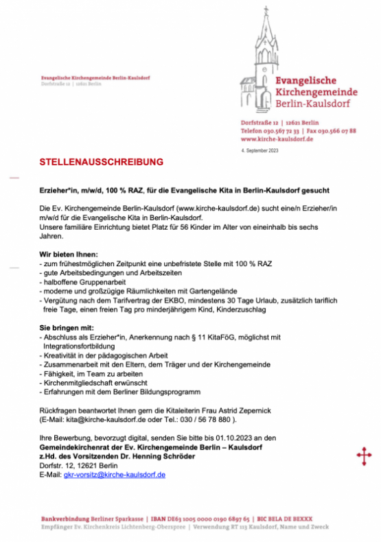 STELLENAUSSCHREIBUNG – Erzieher*in, m/w/d, 100 % RAZ, für die Evangelische Kita in Berlin-Kaulsdorf gesucht