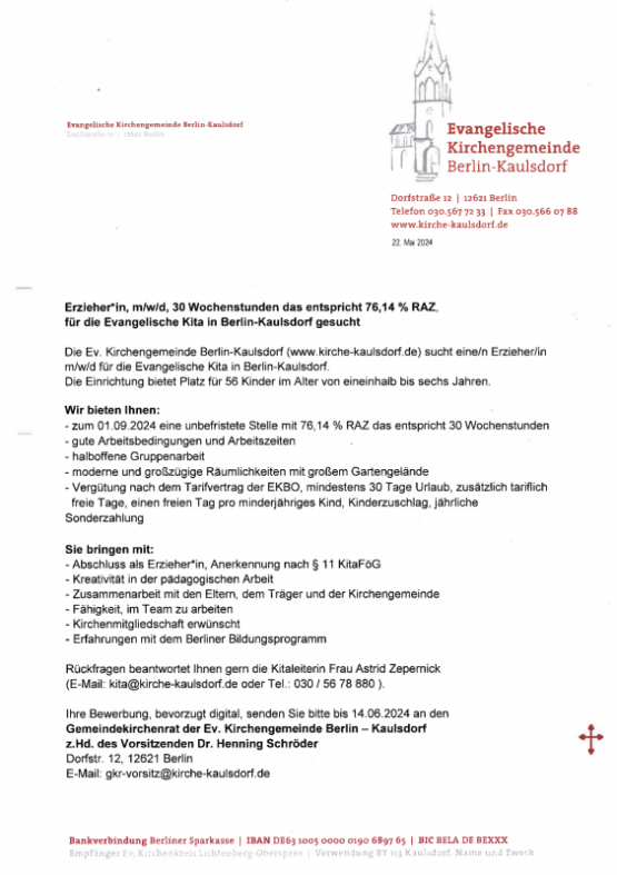 Stellenausschreibung Kita Berlin-Kaulsdorf