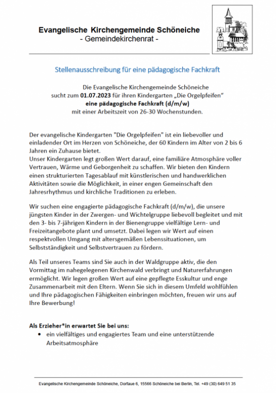 Stellenausschreibung: Die Evangelische Kirchengemeinde Schöneiche sucht zum 01.07.2023 für ihren Kindergarten „Die Orgelpfeifen“ eine pädagogische Fachkraft (d/m/w) mit einer Arbeitszeit von 26-30 Wochenstunden.