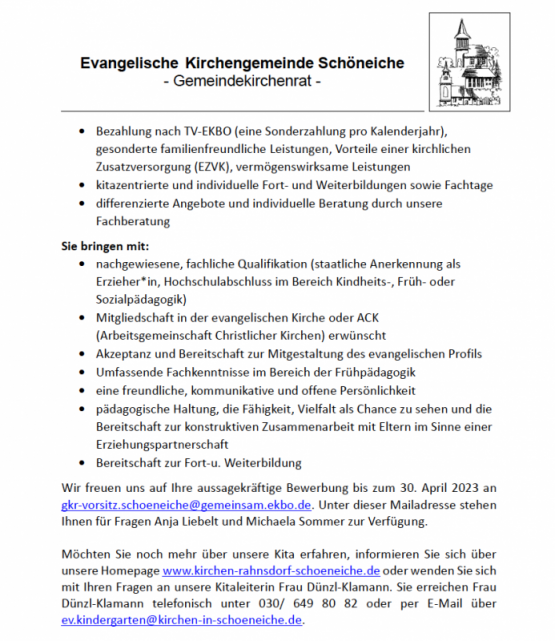 Stellenausschreibung: Die Evangelische Kirchengemeinde Schöneiche sucht zum 01.07.2023 für ihren Kindergarten „Die Orgelpfeifen“ eine pädagogische Fachkraft (d/m/w) mit einer Arbeitszeit von 26-30 Wochenstunden.