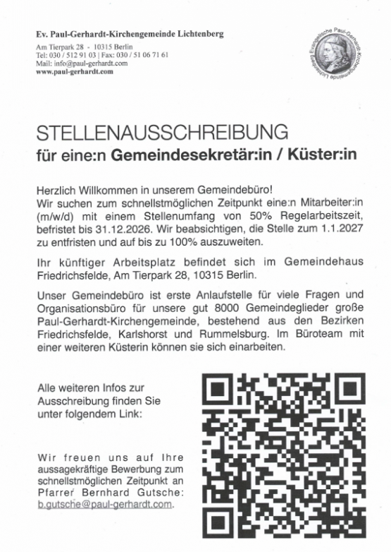 Ev. Paul-Gerhardt-Kirchengemeinde Lichtenberg – STELLENAUSSCHREIBUNG für einen Gemeindesekretär:in / Küster:in