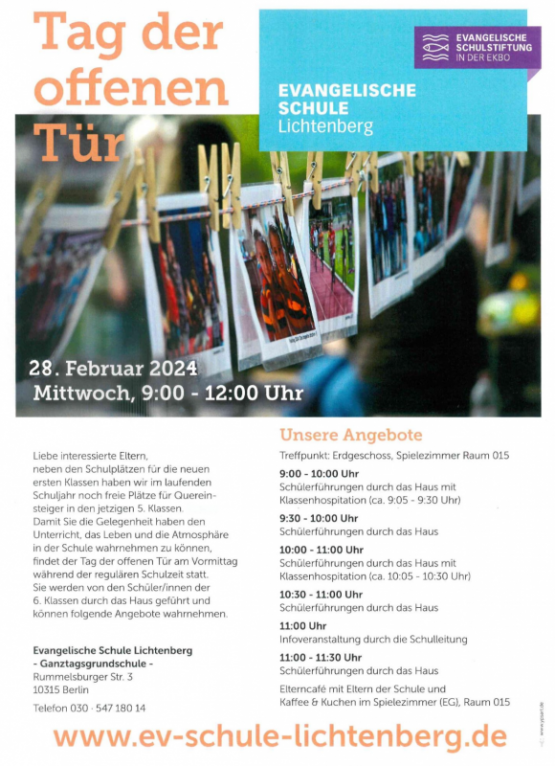 Evangelische Schule Lichtenberg: Tag der offenen Tür am Mittwoch, 28. Februar 2024, 9 bis 12 Uhr