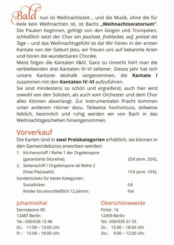 J.S.Bach Weihnachtsoratorium I IV-VI – Christuskirche Oberschöneweide, 7. Dezember 2025, 17 Uhr, Kantorei Johannisthal, Leitung: Martin Fehlandt