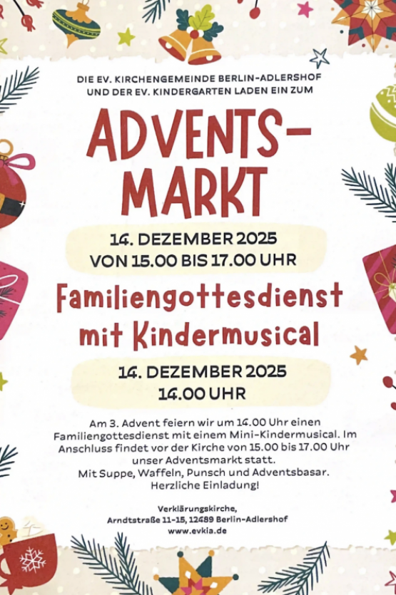 Familiengottesdienst mit Kindermusical und Adventsmarkt am 14. Dezember 2025 in der Ev. Kirchengemeinde Berlin-Adlershof