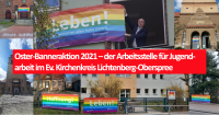 Auch an der Fassade des Hauses des Kirchenkreises in Lichtenberg gut zu sehen (Mitte): Superintendent Hans-Georg Furian beim Anbringen des Banners am Karsamstag-Vormittag. Foto: Mario Peukert