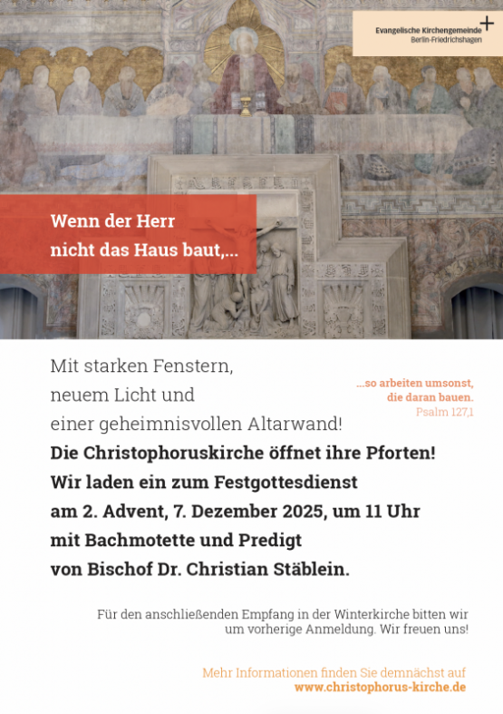 Freigelegte Altarwand zeigt das Abendmahl Christi. Wiedereröffnung der Christophoruskirche Berlin-Friedrichshagen am 7. Dezember 2025, 11 Uhr
