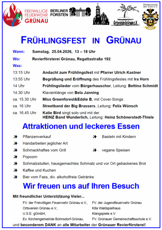 Frühlingsfest in Grünau am 25. April 2026 von 13 bis 18 Uhr