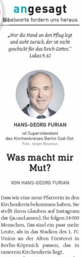 Leitartikelserie in der "Kirchenzeitung" mit einem Text von Superintendent Hans-Georg Furian: "Was macht mir Mut?"