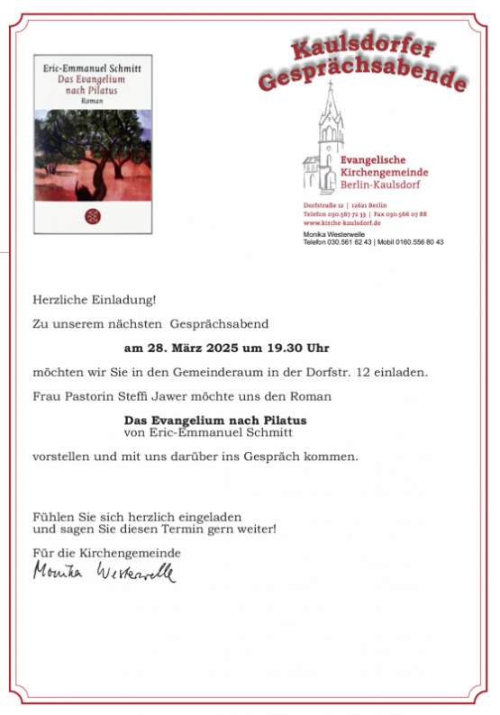 Kaulsdorfer Gesprächsabende: Pastorin Steffi Jawer stellt den Roman "Das Evangelium nach Pilatus" von Eric-Emmanuel Schmitt am 28. März 2025 um 19.30 Uhr vor