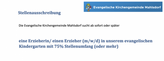 Stellenausschreibung – Evangelische Kirchengemeinde Mahlsdorf sucht eine Erzieherin/ einen Erzieher
