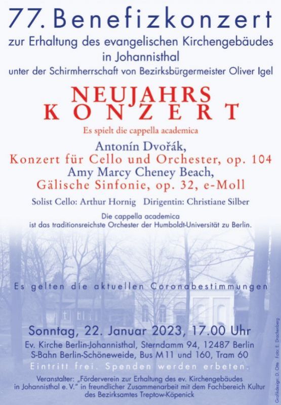 Neujahrskonzert am Sonntag, 22. Januar 2023, 17 Uhr in der Ev. Kirche Berlin-Johannisthal – 77. Benefizkonzert zur Erhaltung des ev. Kirchengebäudes in Johannisthal: capella academica unter Leitung von Christiane Silber