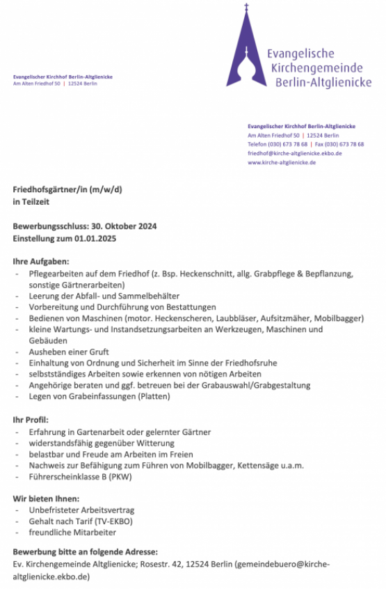 Stellenausschreibung – Ev. Kirchengemeinde Berlin-Altglienicke: Friedhofsgärtner/in (m/w/d) in Teilzeit gesucht
