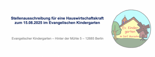 Die Ev. Kirchengemeinde Berlin-Marzahn sucht eine Hauswirtschaftskraft für den Kindergarten