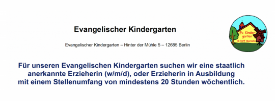 Evangelischer Kindergarten im Dorf Marzahn: Erzieher:in gesucht