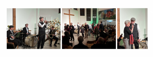 Auch die 2. Ausgabe von „Gott Sei Dank, Wochenende!“ begeistert das Publikum – rund 100 Gäste im Gemeindezentrum Hellersdorf tanzen und singen beim Auftritt von Jürgen Hahns Very Hot Jazz Band. Fotos: Jürgen Bosenius